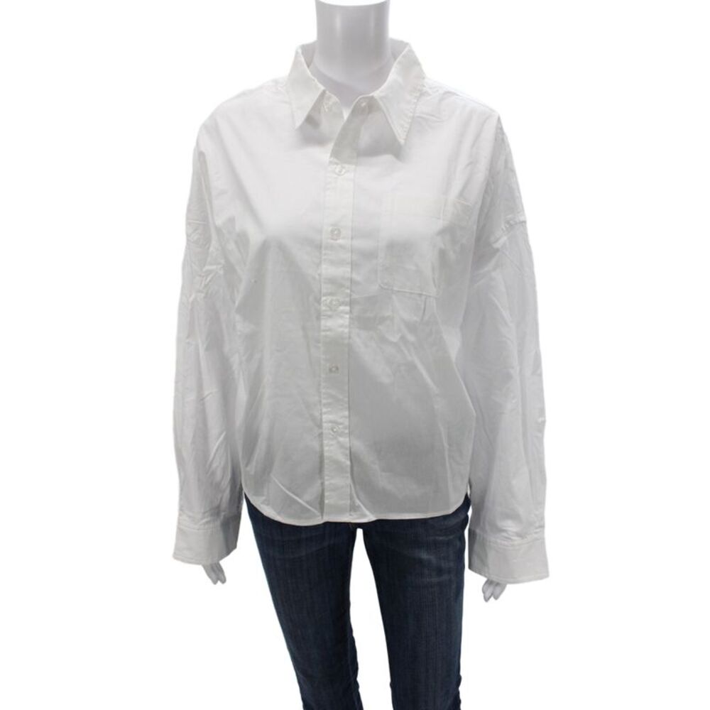 We Wore What Womens White Collared Button Up Blouse Long Sleeve Cotton Size S